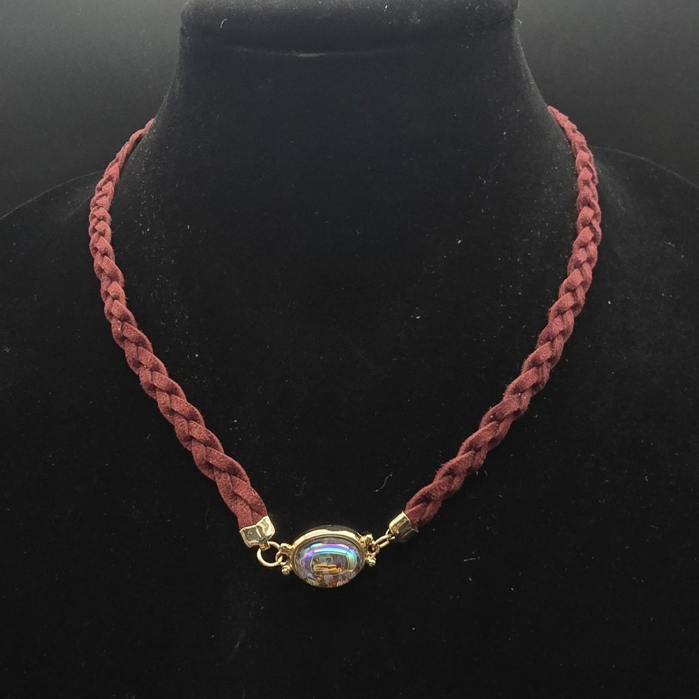 Express Burgundy Red Braided Suede Necklace Cabochon Boho Gold